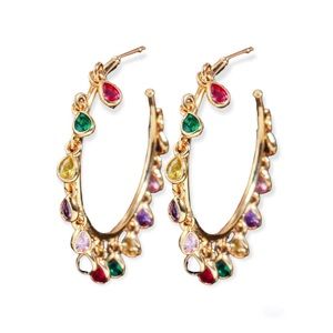 Gold plated hoop earrings w multi colored dangle